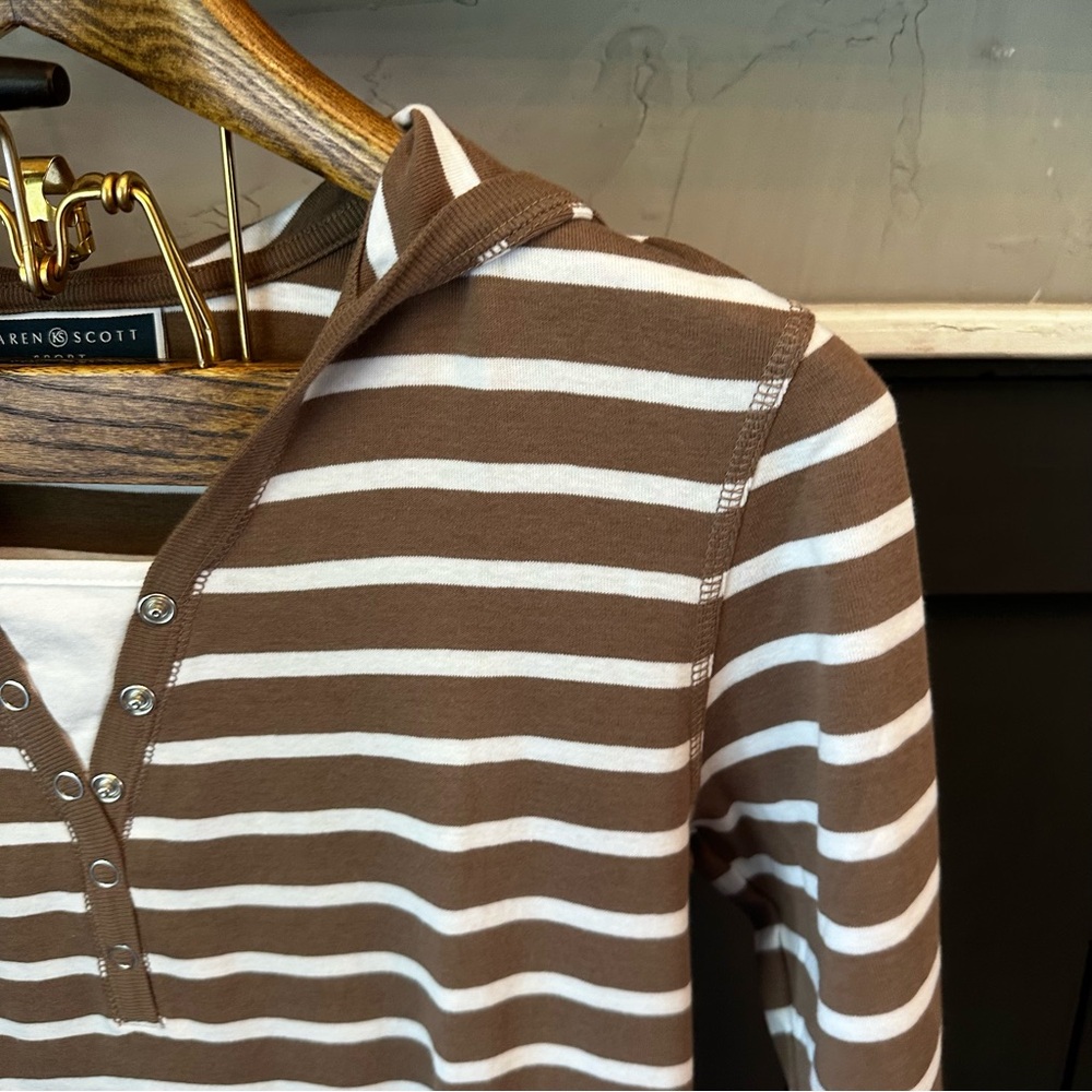 Karen Scott Sport Woman's Cotton White & Tan Striped With Hood Size‎  M - Picture 5 of 11